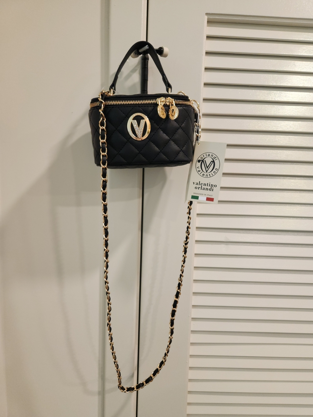 Valentino Orlandi Black Quilted Mini Top-Handle Crossbody with Gold Hardware